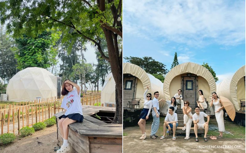 Nhóm bạn tận hưởng cuối tuần tại Lata Camping Cần Giờ, check-in bên lều tròn và xe gỗ độc đáo giữa không gian xanh mát.