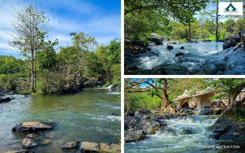 Không gian xanh mát bên dòng suối tại khu camping Thác Hoà Bình.