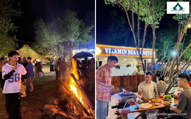 Tối đến, du khách tại Vitamin Sea Camping có thể tổ chức tiệc BBQ và đốt lửa trại quây quần cùng nhau