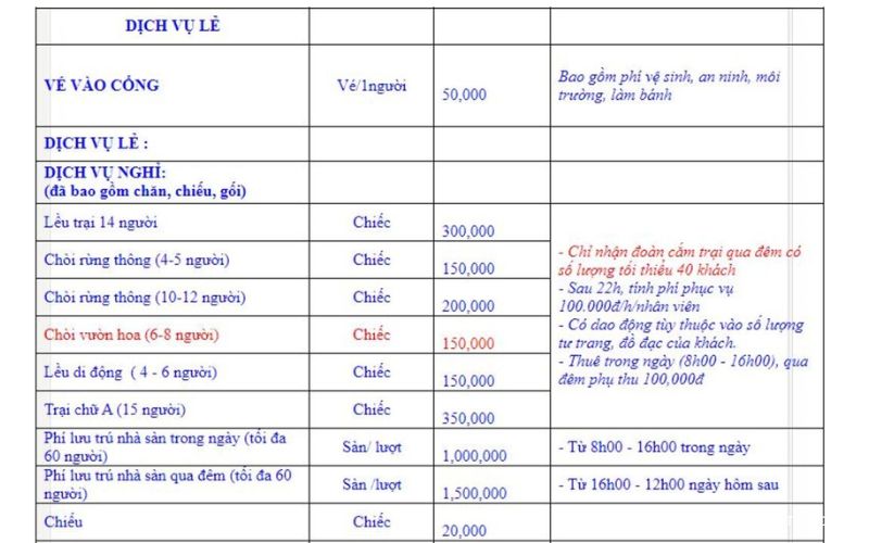 Trải nghiệm cắm trại Bản Rõm: Thiên đường cắm trại xanh mát 11 Bảng giá các hoạt động giải trí tại khu du lịch sinh thái Bản Rõm