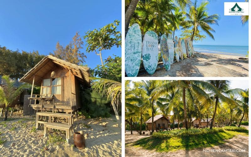 Hola Beach Bình Thuận: Khu glamping sang chảnh view biển cực đẹp 12 Bungalow gỗ nằm giữa hàng dừa xanh, hướng biển tạo không gian nghỉ dưỡng yên bình tại Hola Beach.