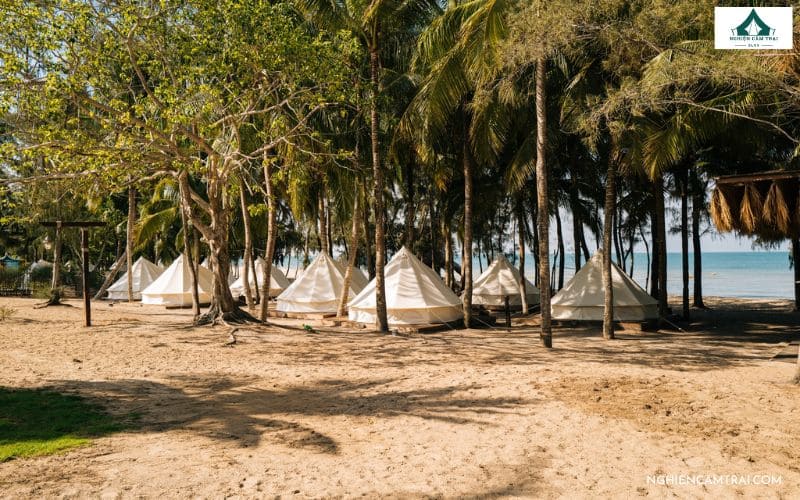 Hola Beach Bình Thuận: Khu glamping sang chảnh view biển cực đẹp 11 Những chiếc lều trắng xinh xắn nằm dưới rặng dừa xanh mát, hướng ra biển xanh tạo nên không gian Glamping yên bình và thư giãn tại Hola Beach.