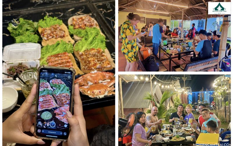 Tiệc BBQ ngoài trời được nhiều du khách yêu thích khi đến với Cồn Camping