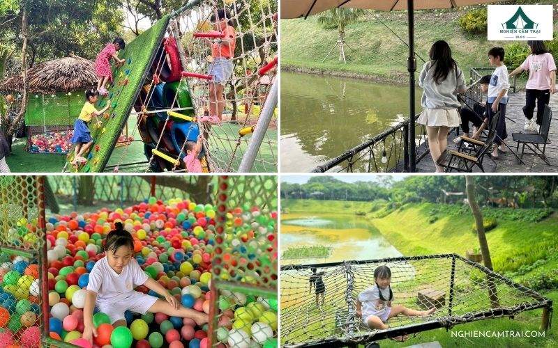 Cho các bé câu cá và tham gia các trò chơi như nhà bóng, lep núi khi cắm trại tại TBS Long Biên Hà Nội