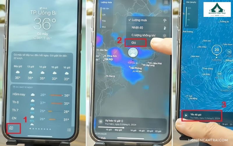 Cách xác định hướng gió bằng ứng dụng thời tiết