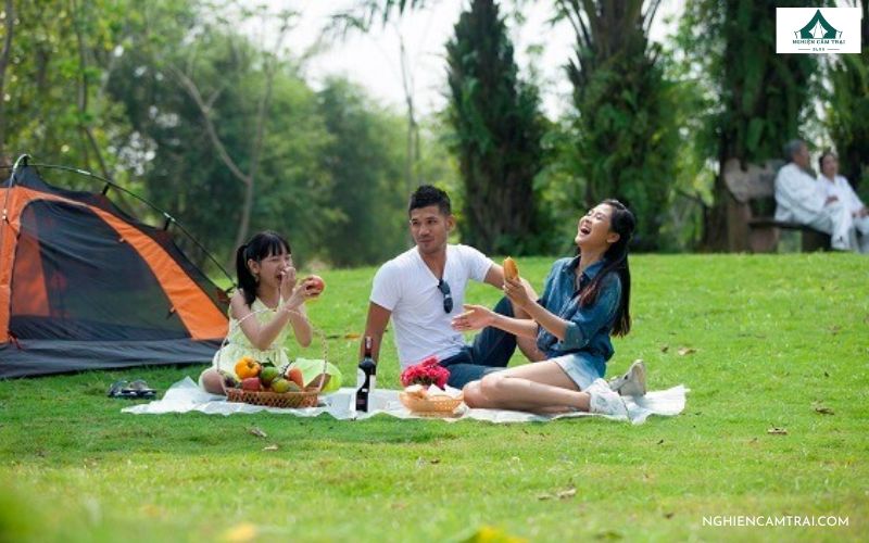 Tạo dáng cả nhà nhìn nhau cười chụp ảnh picnic