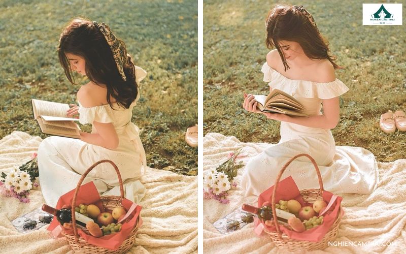 concept picnic đọc sách trên thảm giữa thiên nhiên