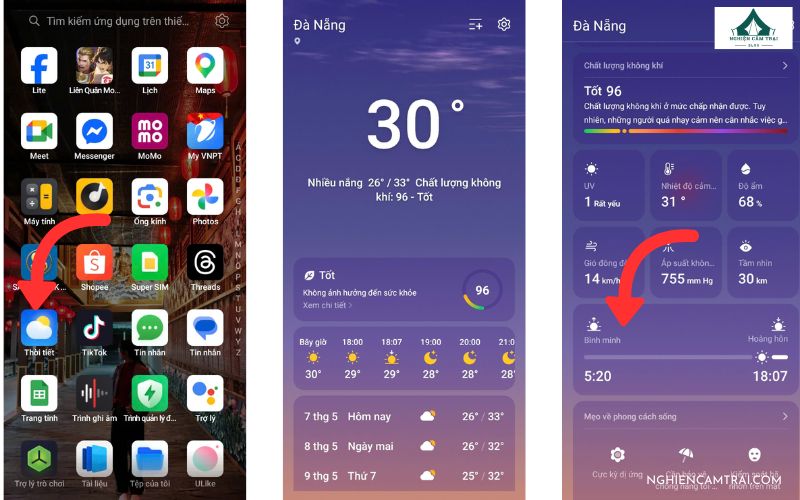 Xem mặt trời mọc lúc mấy giờ trên ứng dụng Thời tiết (Weather)