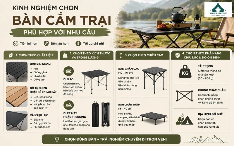 Bàn cắm trại loại nào tốt? Cách chọn đúng nhu cầu và ngân sách 9 Các tiêu chí quan trọng để chọn bàn dã ngoại phù hợp với nhu cầu
