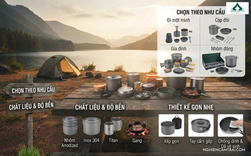 Chọn dụng cụ nấu ăn cắm trại theo nhu cầu, chất liệu bền, thiết kế gọn nhẹ, dễ mang theo và dễ vệ sinh