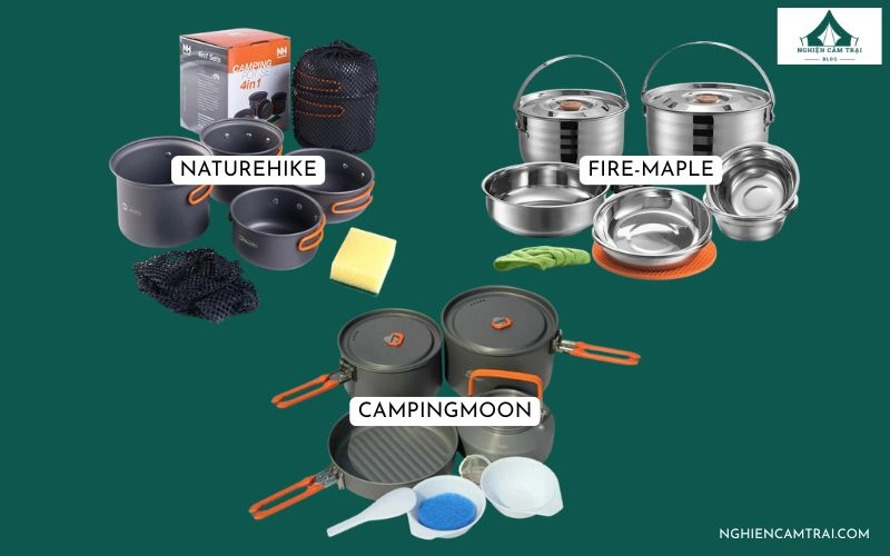 Ưu tiên thương hiệu dụng cụ nấu ăn camping uy tín như Naturehike, Fire-Maple, Stanley, GSI Outdoors, Lodge và Snow Peak theo nhu cầu sử dụng