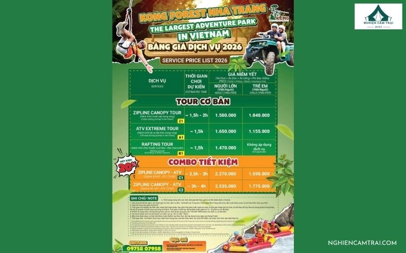 Bảng giá vé dịch vụ Kong Forest Nha Trang mới nhất áp dụng cho các tour khám phá rừng