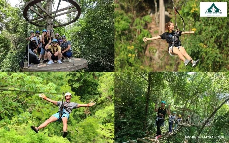 Du khách tham gia trò chơi Zipline Canopy xuyên rừng tại Kong Forest Nha Trang đầy phấn khích