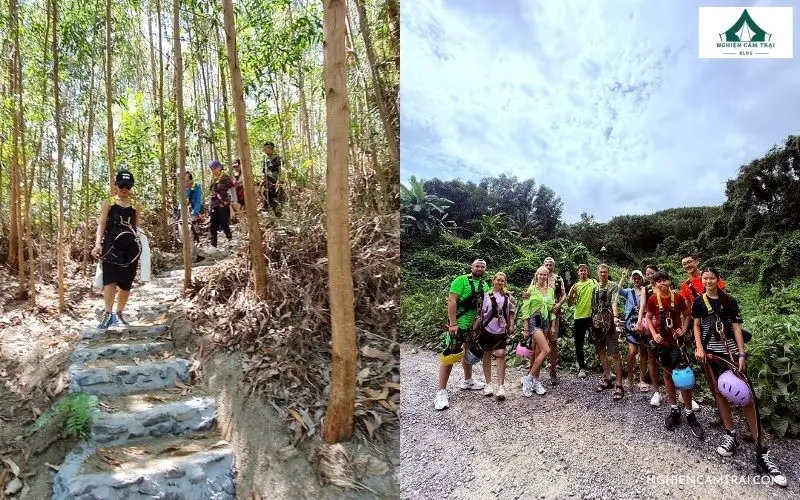 Du khách đi bộ trekking khám phá hệ sinh thái rừng tại Kong Forest Nha Trang cùng hướng dẫn viên