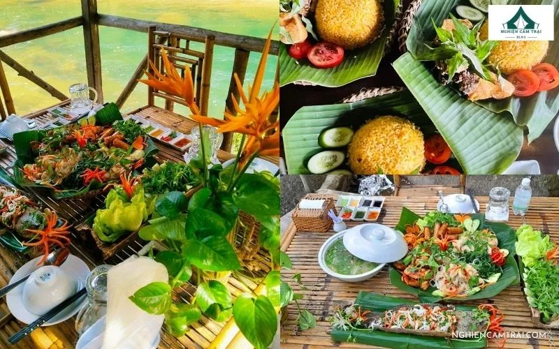 Các món ăn truyền thống được bày biện trên lá chuối tại khu nghỉ chân Kong Forest Nha Trang