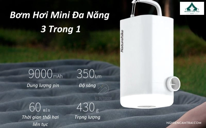 Top 5 máy bơm hơi camping gọn nhẹ, bơm nhanh cho chuyến dã ngoại 11 Naturehike NH18Q001-A có thiết kế nhỏ gọn, đi kèm nhiều đầu van và đèn LED tiện dụng khi cắm trại