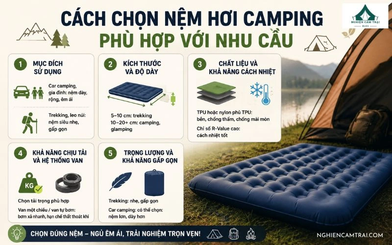 Nệm hơi camping loại nào đáng mua? So sánh và kinh nghiệm lựa chọn 8 Chọn nệm hơi camping theo mục đích sử dụng, chất liệu, kích thước và khả năng cách nhiệt