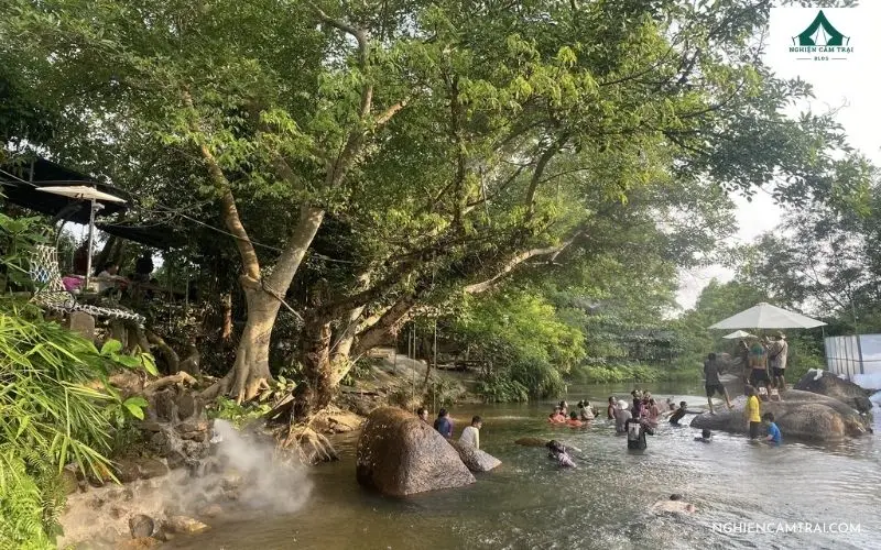 Cảnh quan thiên nhiên xanh mát và dòng suối tự nhiên tại Suối Mơ Dốc Tình Glamping & Retreat Nha Trang