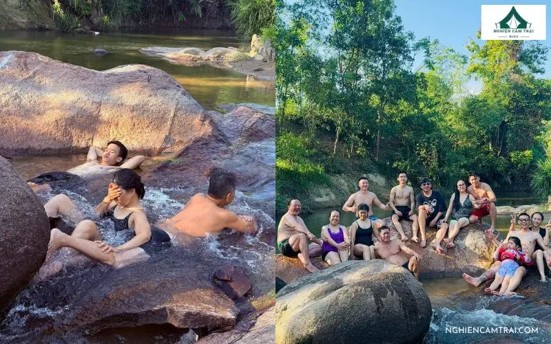Du khách thỏa sức ngâm mình và tắm suối thiên nhiên mát lạnh tại Suối Mơ Dốc Tình Glamping & Retreat