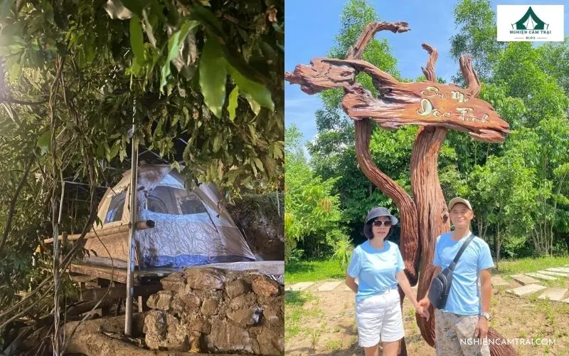 Du khách check-in lưu niệm bên biểu tượng và lều trại tại Suối Mơ Dốc Tình Glamping & Retreat