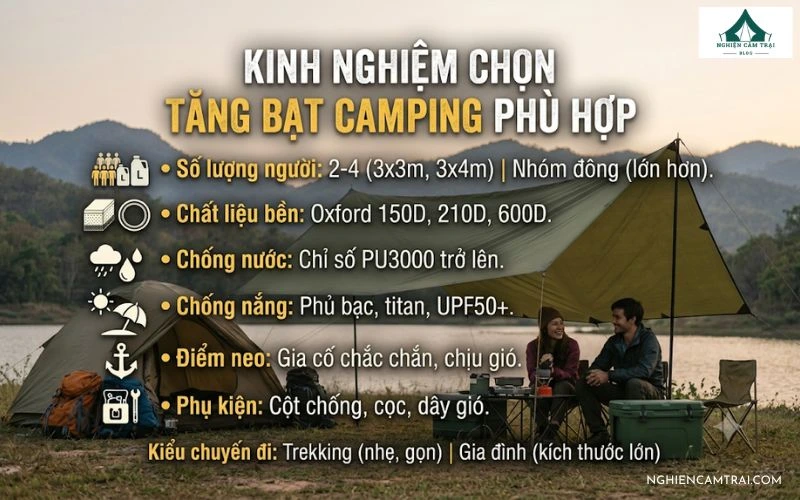 Top 5 tăng bạt camping chất lượng, che nắng mưa tốt cho mọi chuyến đi 17 Kinh nghiệm chọn tăng bạt camping phù hợp dựa trên kích thước, chất liệu, khả năng chống nước và nhu cầu sử dụng