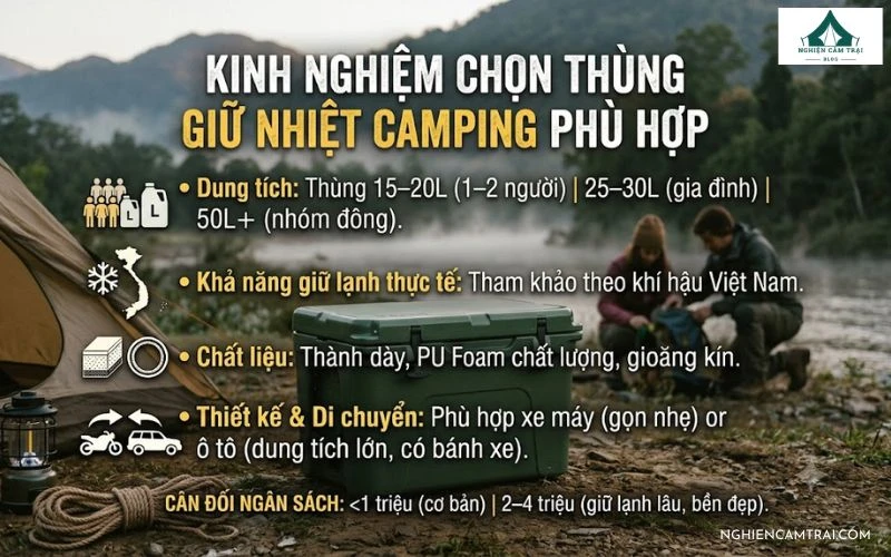Chọn thùng giữ nhiệt camping theo dung tích, khả năng giữ lạnh, chất liệu và phương tiện di chuyển để phù hợp nhu cầu sử dụng