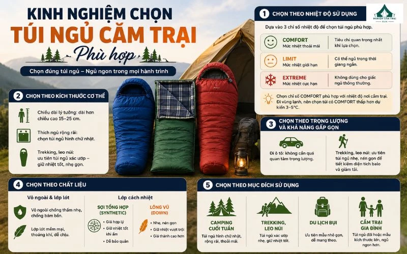 Túi ngủ cắm trại là gì? Cách chọn loại phù hợp cho từng nhu cầu 7 Chọn đúng túi ngủ theo nhiệt độ, kích thước, chất liệu và mục đích sử dụng để ngủ ngon, giữ ấm trong mọi chuyến camping.