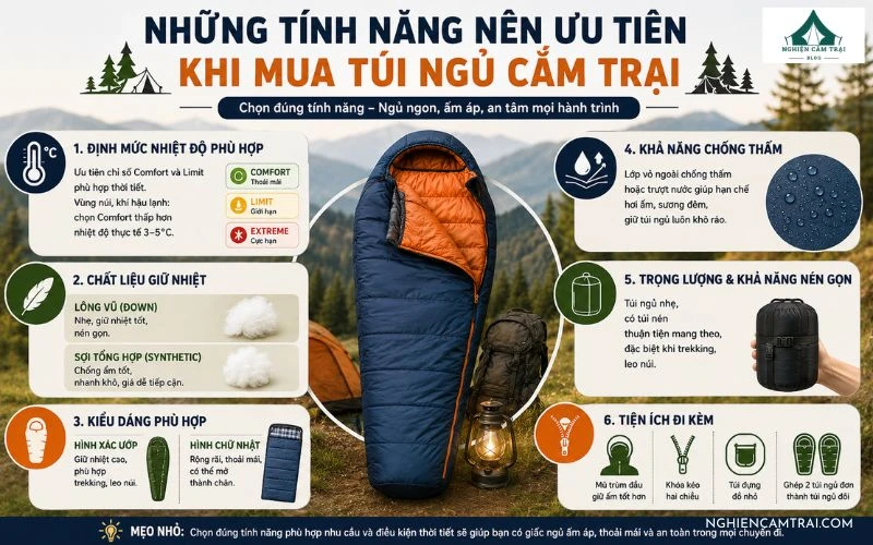 Túi ngủ cắm trại là gì? Cách chọn loại phù hợp cho từng nhu cầu 8 Ưu tiên khả năng giữ nhiệt, chống thấm, trọng lượng nhẹ, nén gọn và các tiện ích giúp chuyến cắm trại thoải mái hơn.