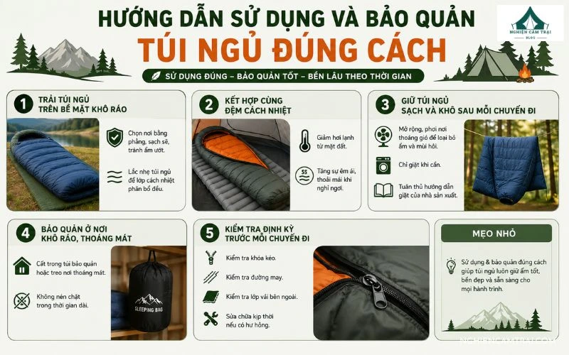 Túi ngủ cắm trại là gì? Cách chọn loại phù hợp cho từng nhu cầu 10 Sử dụng đúng cách, vệ sinh và bảo quản hợp lý giúp túi ngủ luôn sạch sẽ, giữ nhiệt tốt và bền bỉ sau nhiều chuyến cắm trại