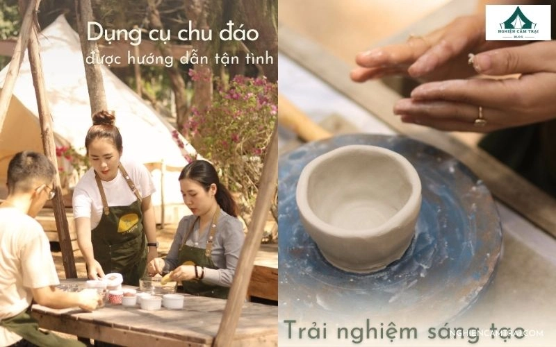 Du khách tham gia các hoạt động workshop làm bánh và nặn gốm sáng tạo tại khu vực Pi Glamping