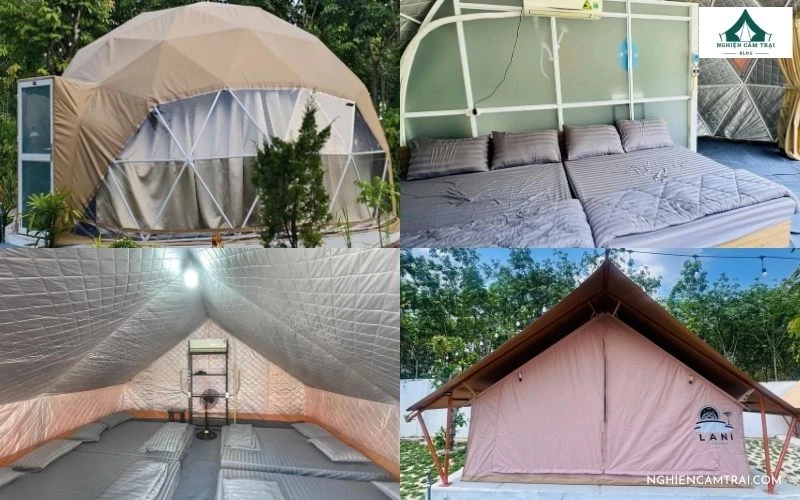 Cận cảnh các loại lều dome và lều trại được trang bị nệm êm, máy lạnh sạch sẽ bên trong tại Lani Glamping