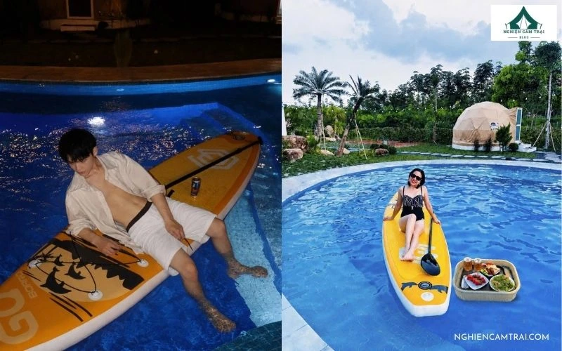 Gia đình và nhóm bạn vui vẻ chụp ảnh kỷ niệm bên hồ bơi xanh mát tại khu cắm trại Lani Glamping