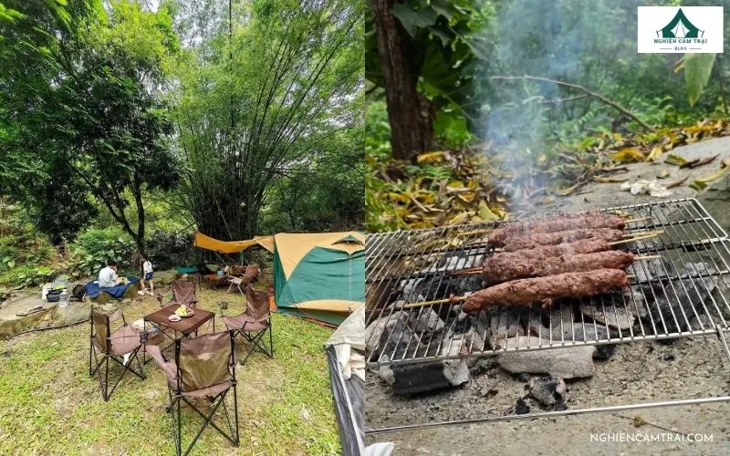 Review Path Hill Hòa Bình: Khu cắm trại ven suối xanh mát 11 Bộ bàn ghế dã ngoại và bếp nướng BBQ đang chuẩn bị thức ăn ngoài trời tại Path Hill