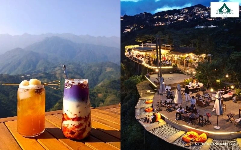 Những ly nước sắc màu bắt mắt đặt trên bàn gỗ ngoài trời cùng không gian quán cafe lung linh ánh đèn về đêm tại PHANSI Sa Pa