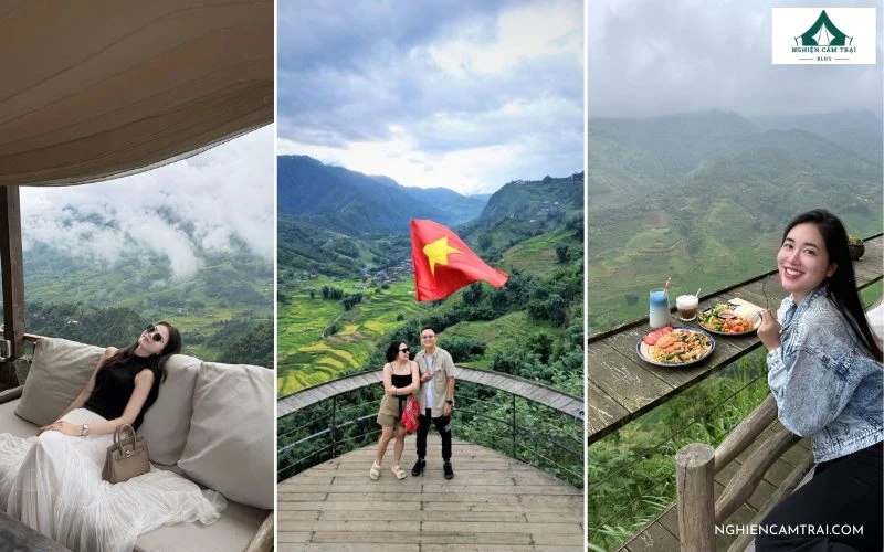 Du khách tạo dáng check-in sang chảnh, chụp ảnh cùng lá cờ Tổ quốc và thưởng thức đồ ăn tại ban công ngắm cảnh của PHANSI