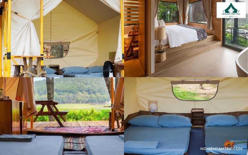 Không gian nội thất lều glamping và phòng nghỉ tiện nghi, ấm cúng hướng ra cảnh quan thiên nhiên tại Sunny Camping Ninh Bình