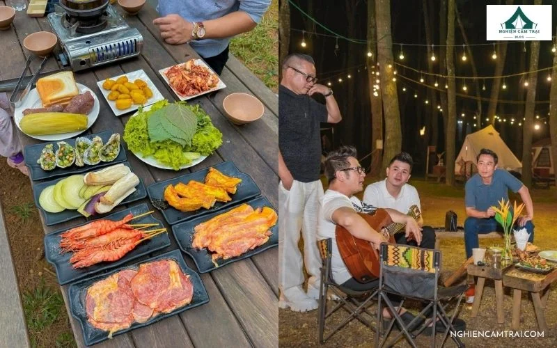 Bàn tiệc nướng BBQ hấp dẫn và khoảnh khắc mọi người quây quần đàn hát bên ánh lửa trại tại Sunny Camping