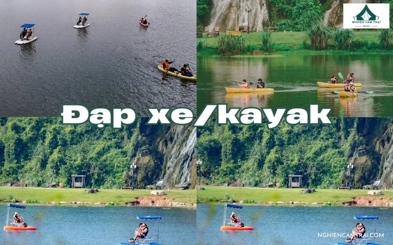 Du khách chèo thuyền kayak và đạp xe nước thư giãn trên mặt hồ xanh biếc tại Sunny Camping Ninh Bình