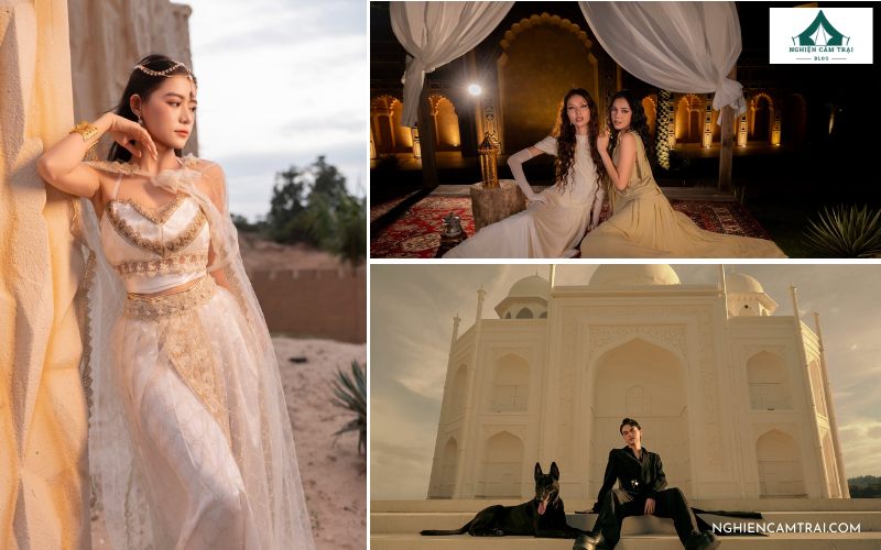The Silk Road Mũi Né – Glamping phong cách Trung Đông tại Bình Thuận 10 Du khách trong trang phục phong cách Trung Đông tạo dáng chụp ảnh check-in tại The Silk Road Mũi Né