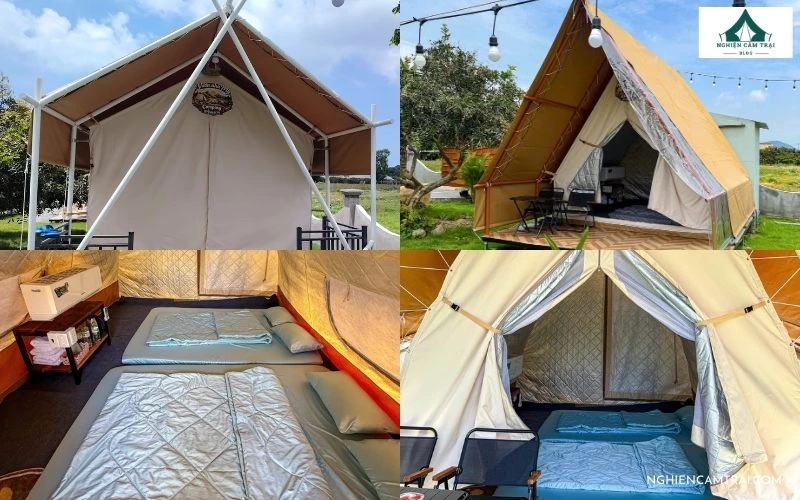 Review Vườn nhà My Camping – Khu cắm trại xanh mát gần biển Phước Hải 9 Cận cảnh các lều glamping tiện nghi tại Vườn nhà My Camping với bên trong trang bị đầy đủ giường nệm