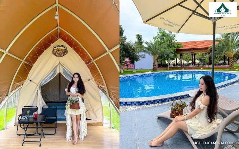 Review Vườn nhà My Camping – Khu cắm trại xanh mát gần biển Phước Hải 12 Du khách tạo dáng check-in bên ngoài lều glamping và bên hồ bơi tại khu cắm trại Vườn nhà My Phước Hải
